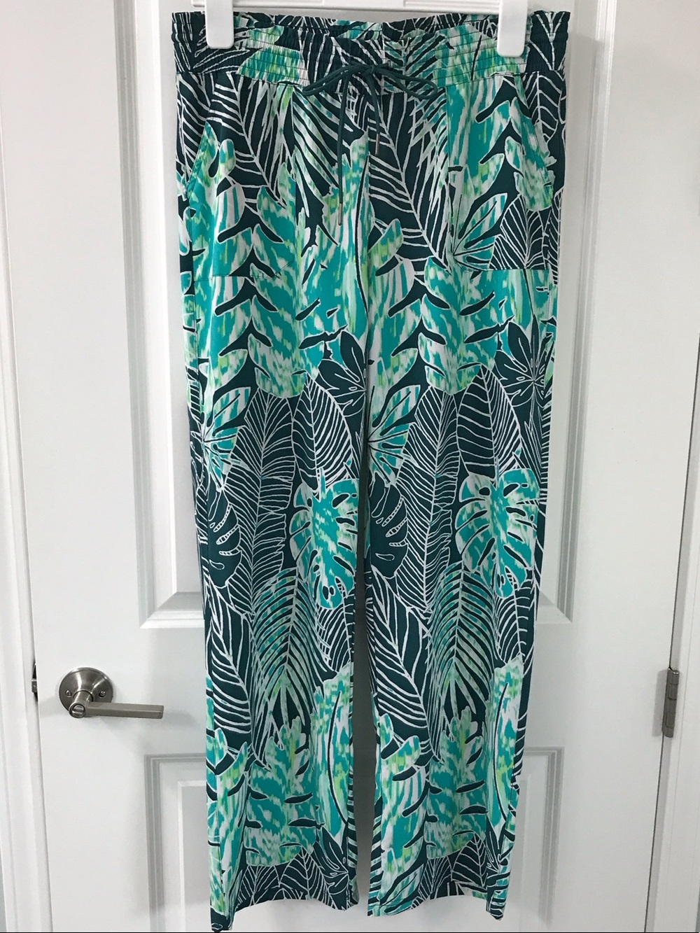 UV Skinz - Tropical Leaf Print Wide Leg Pants - Teal & Navy